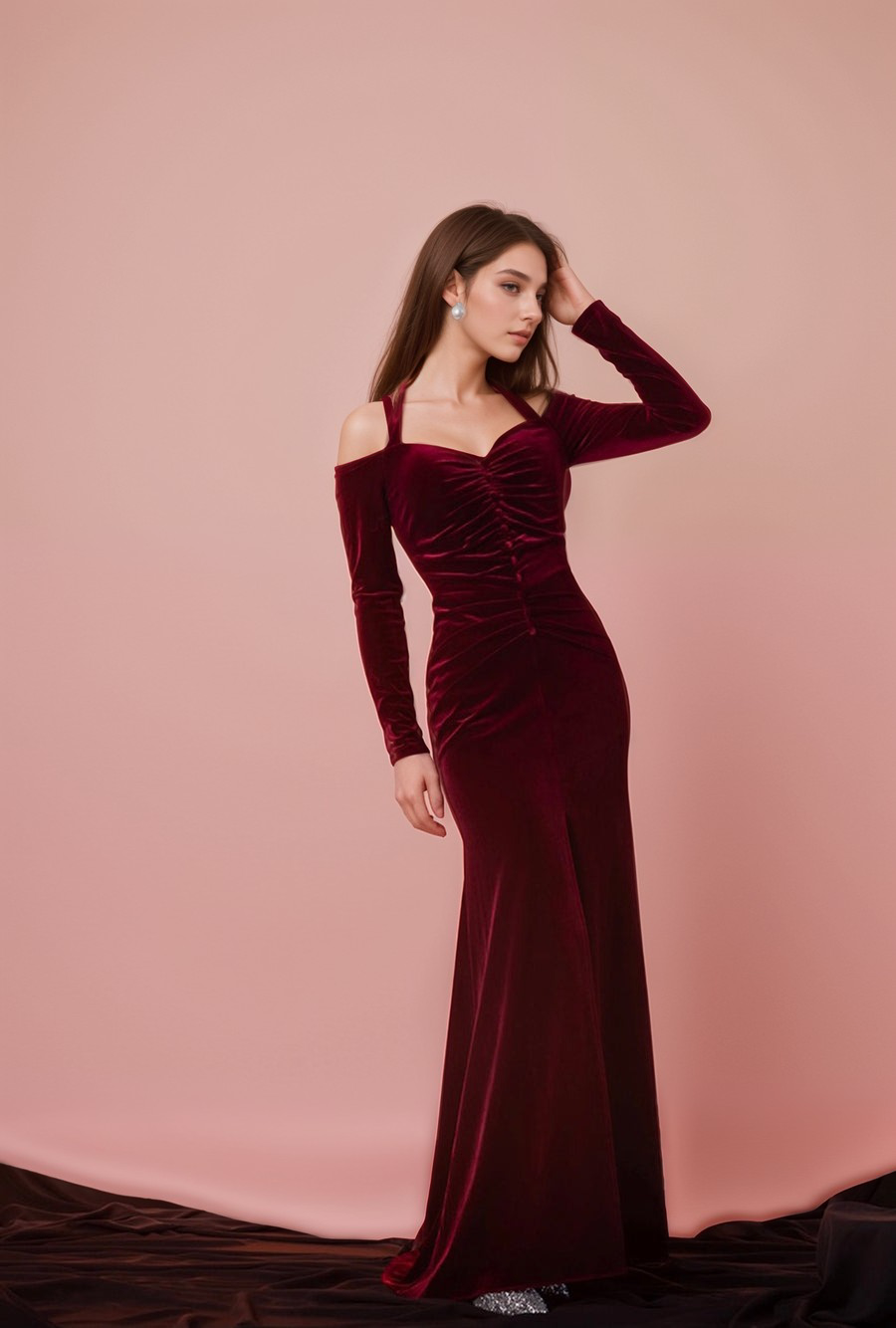 Off-the-shoulder Halter Long Sleeves sheath Prom Velvet Dress front slit