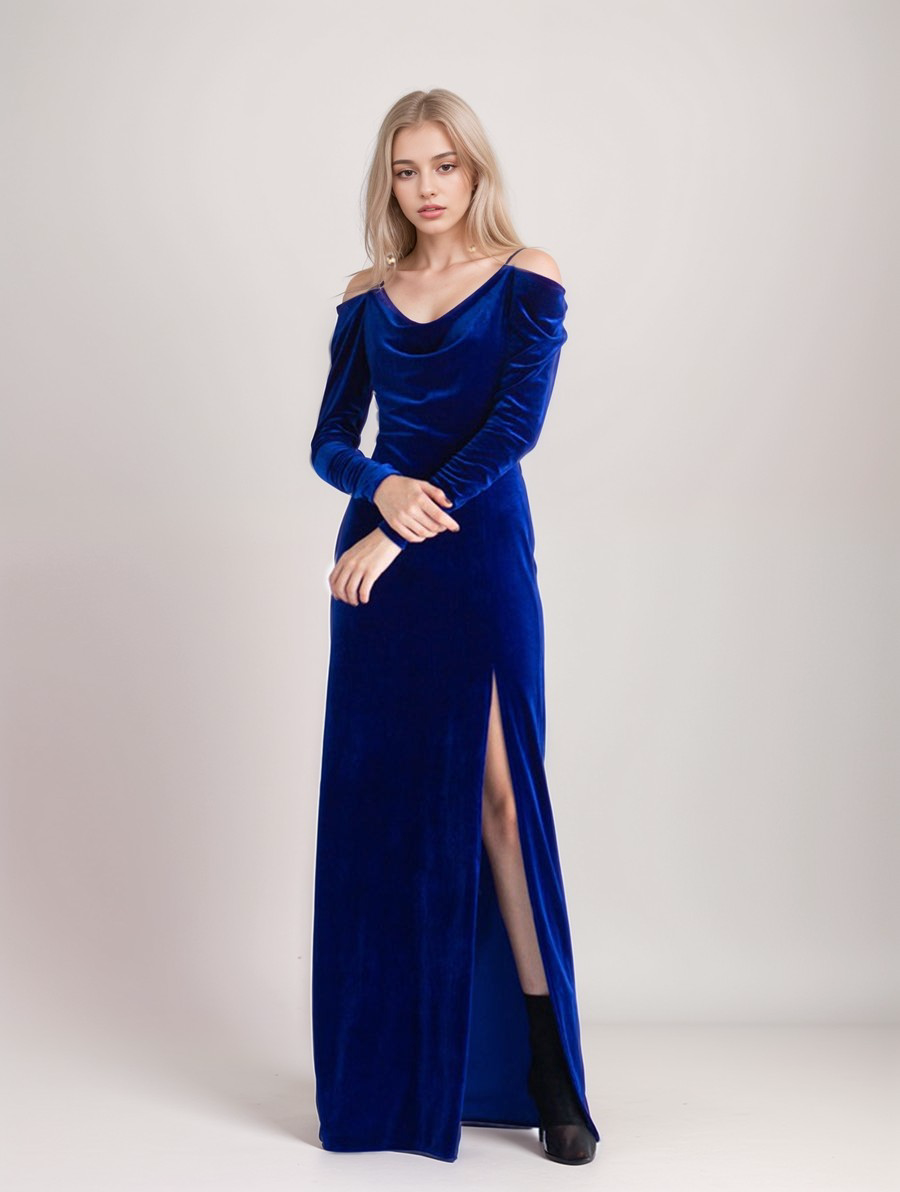 Off-the-shoulder Long Sleeves sheath Velvet Prom Dress Side slit