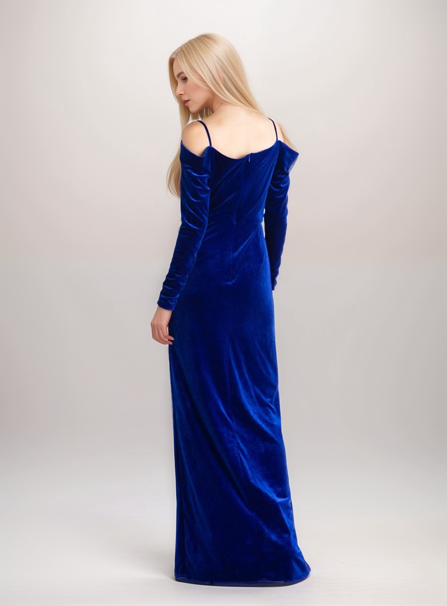 Off-the-shoulder Long Sleeves sheath Velvet Prom Dress Side slit