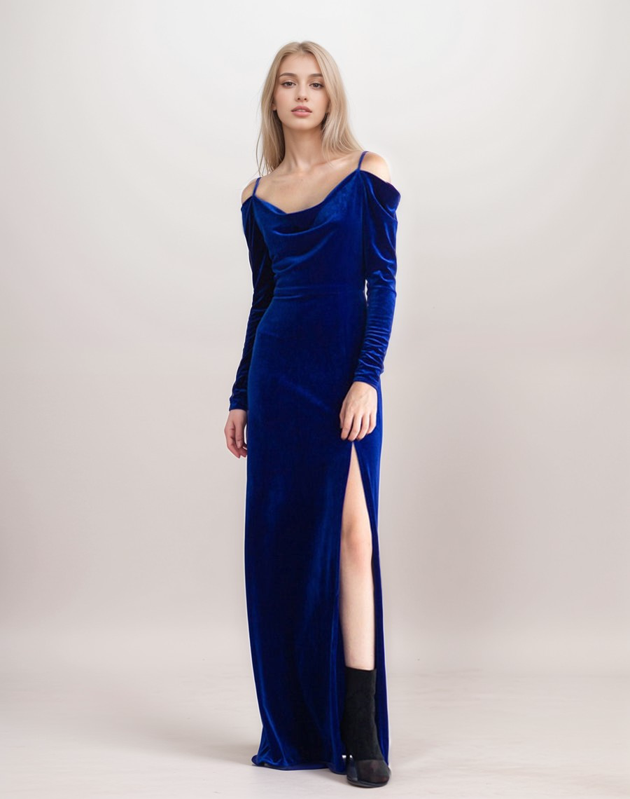 Off-the-shoulder Long Sleeves sheath Velvet Prom Dress Side slit