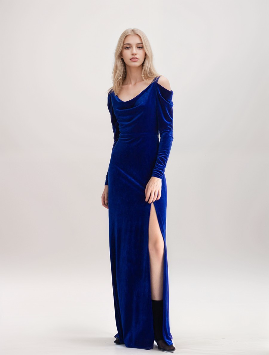 Off-the-shoulder Long Sleeves sheath Velvet Prom Dress Side slit