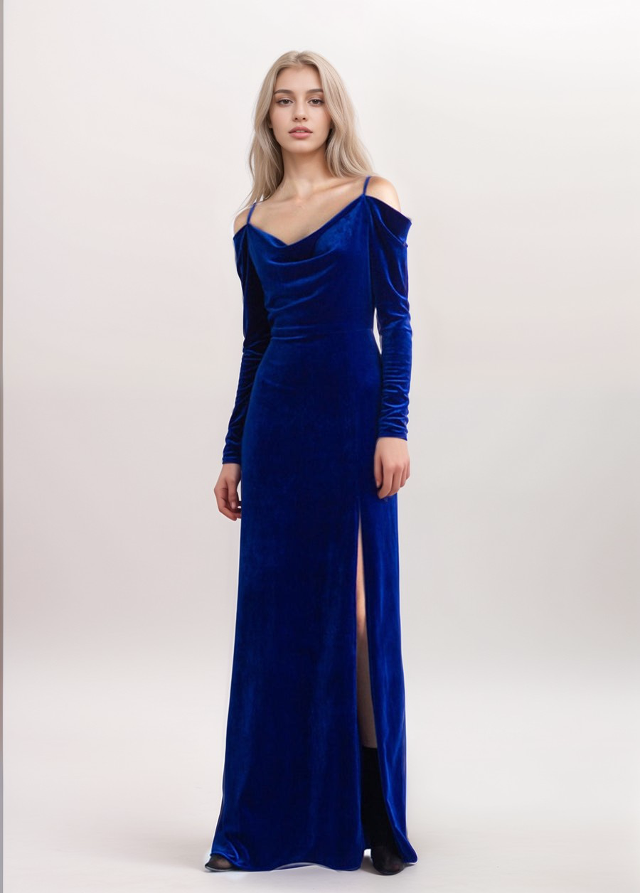 Off-the-shoulder Long Sleeves sheath Velvet Prom Dress Side slit