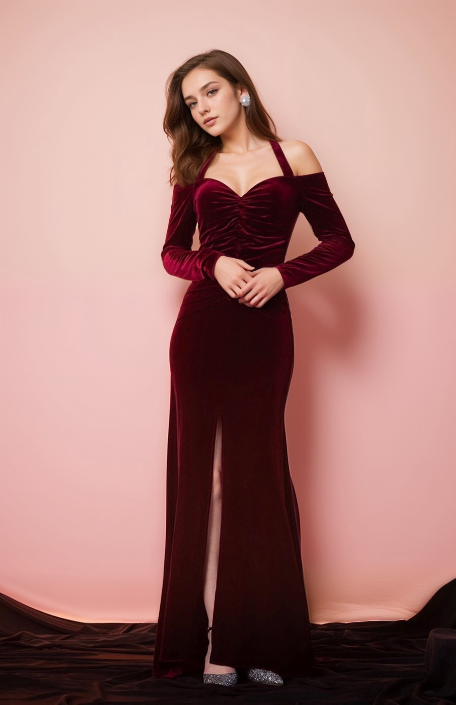 Off-the-shoulder Halter Long Sleeves sheath Prom Velvet Dress front slit