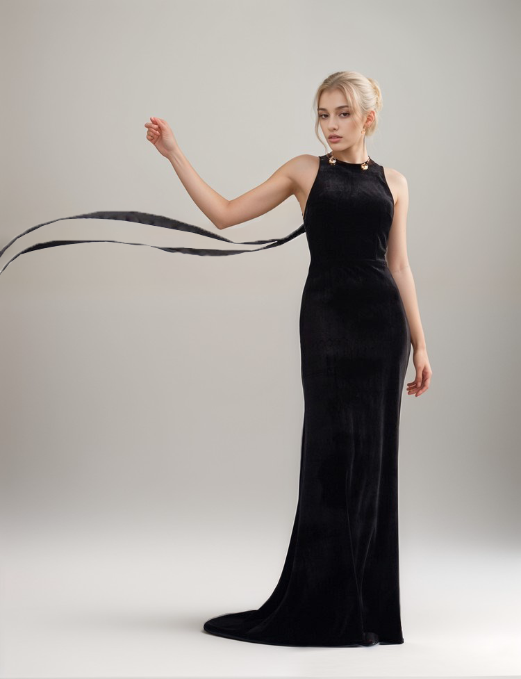 Elegant Goddess Style Halter Fit and Flare Velvet Dress with Long Ribbon 26 / Black Elegant Goddess Style Halter Fit and Flare Velvet Dress with Long Ribbon 26 / Black