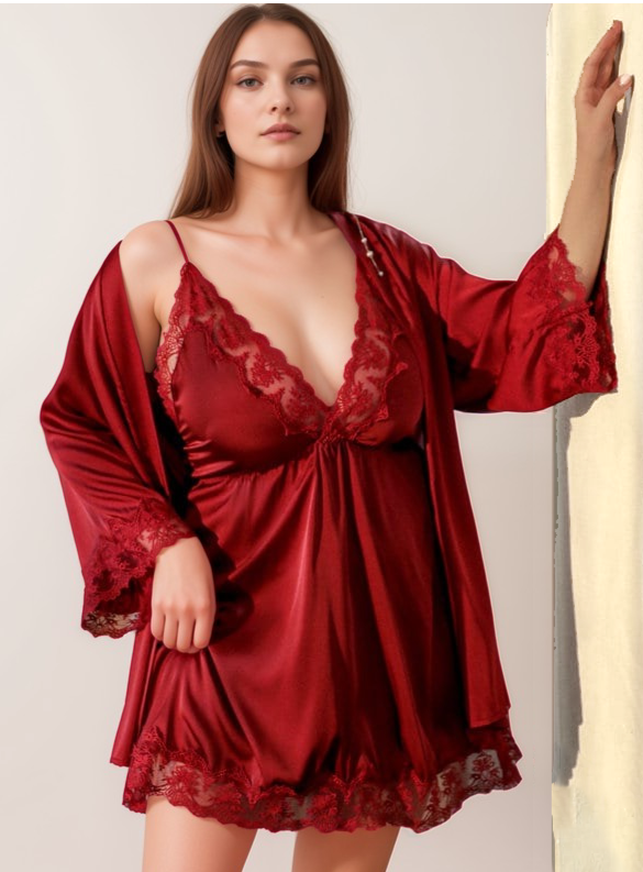 Sexy Blue Black Caramel Red Lace Silky Lingerie Set S-5XL Night Dress and Robe