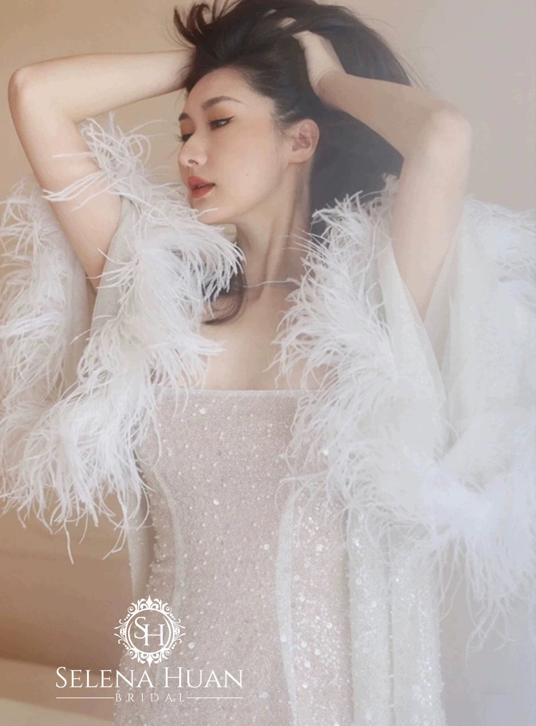 ostrich feather dress white Ostrich Feather sequin mesh long robe dress with nightgown pink ivory- – SelenaHuanStudio