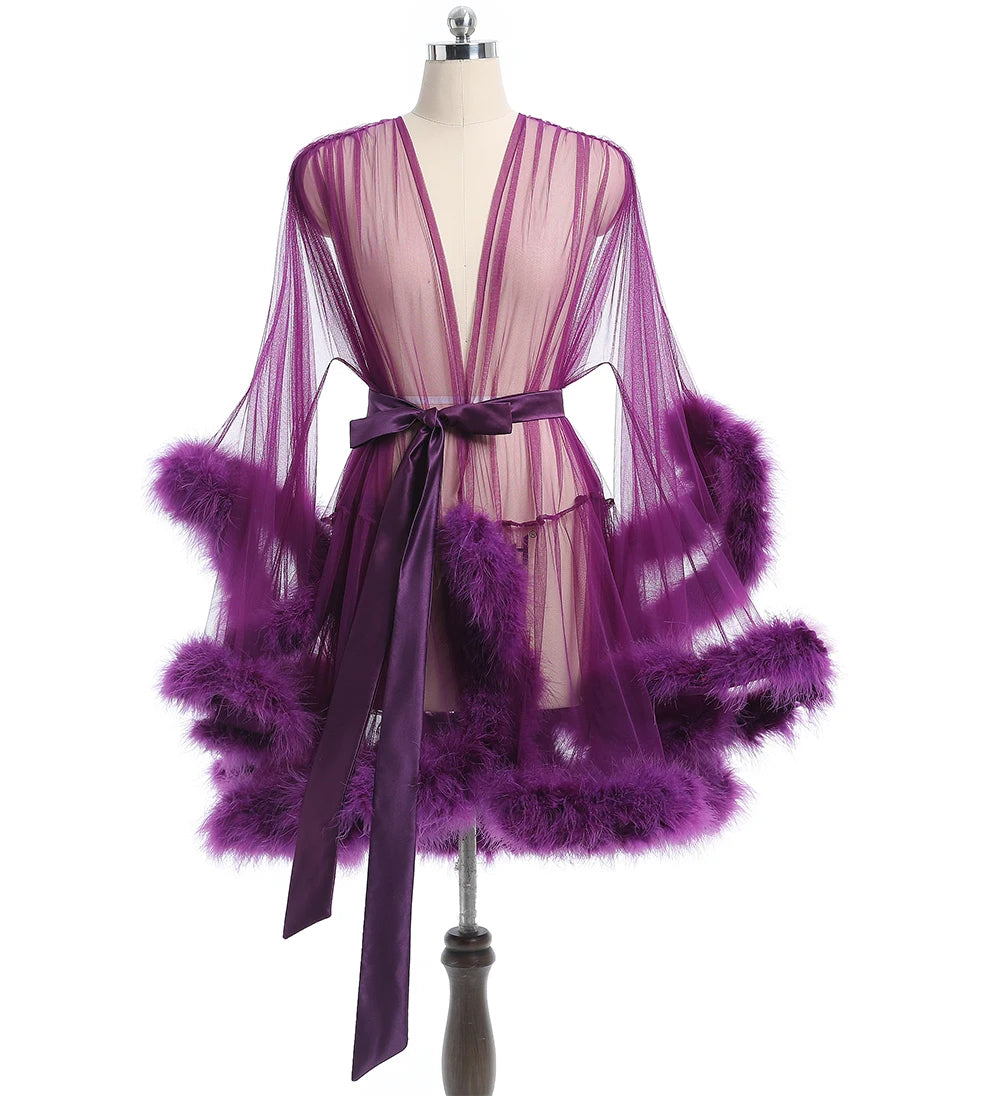 Luxurious Sheer Bridal Robe with Feathered Hem and Satin Tie