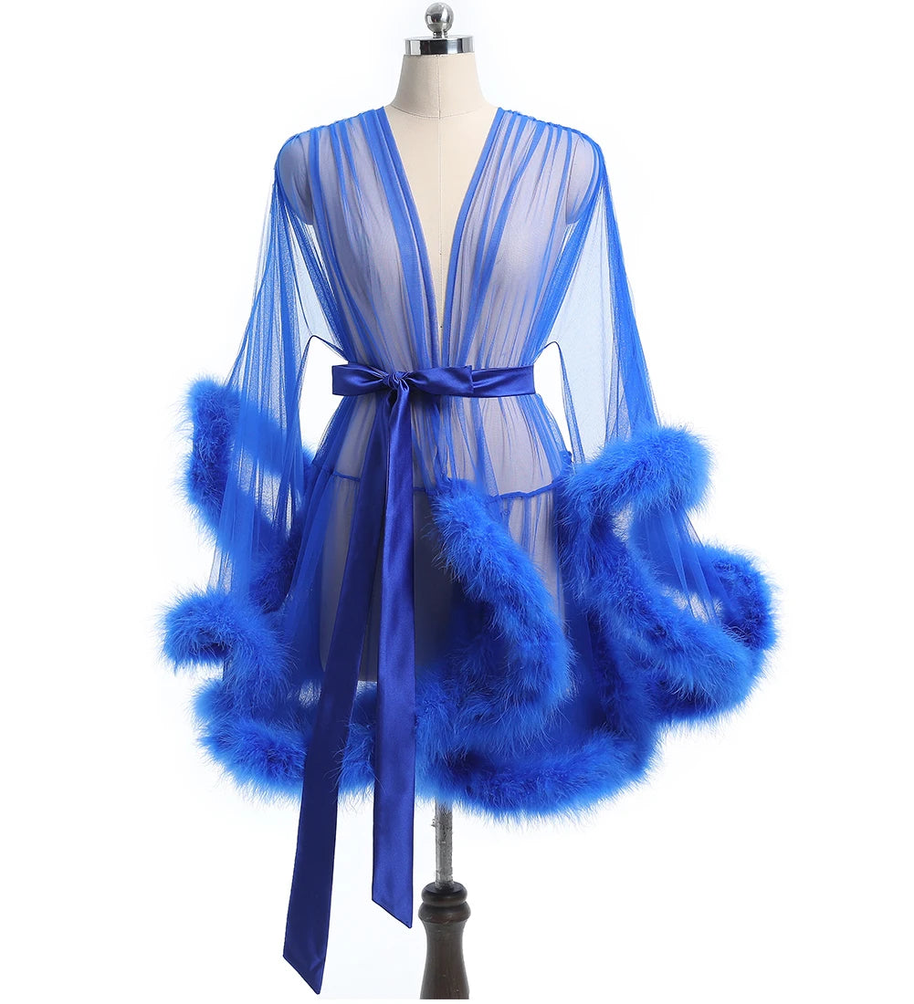 Luxurious Sheer Bridal Robe with Feathered Hem and Satin Tie