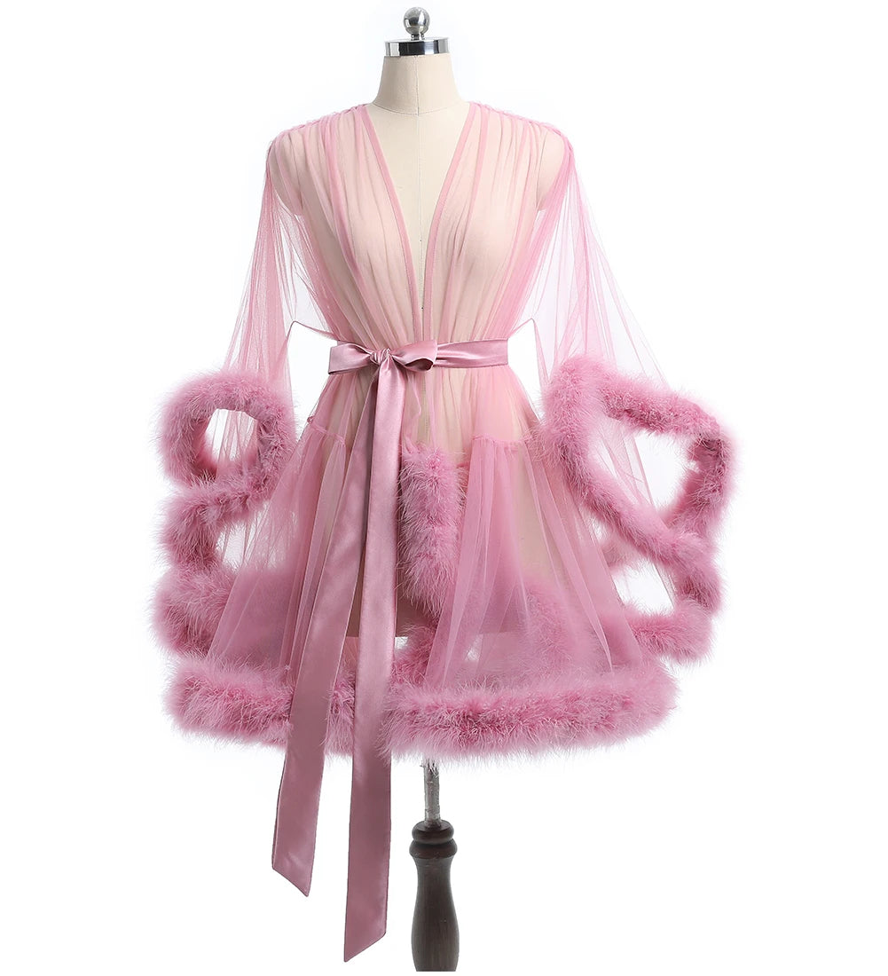 Luxurious Sheer Bridal Robe with Feathered Hem and Satin Tie