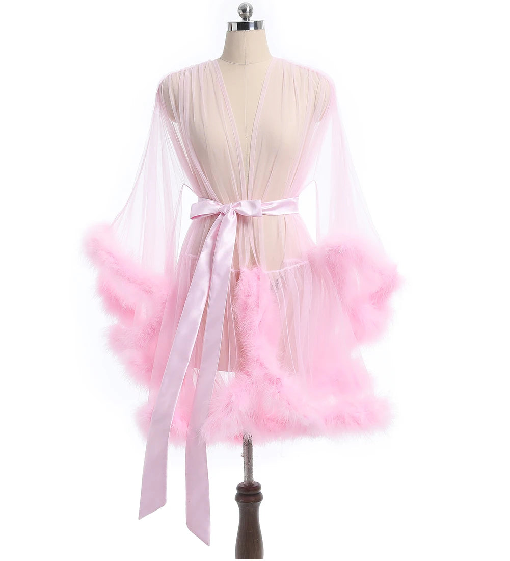 Luxurious Sheer Bridal Robe with Feathered Hem and Satin Tie