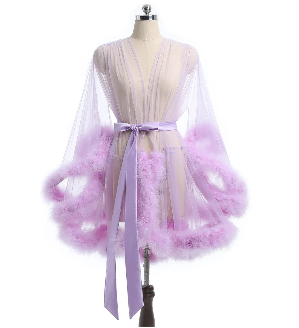 Luxurious Sheer Bridal Robe with Feathered Hem and Satin Tie