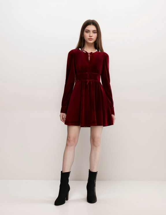 Chic Red Velvet Long Sleeve Mini Dress with Pearl Embellishments and Bow Detail