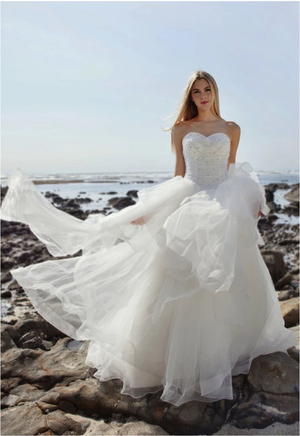 Princess Arrival - Selena Huan Crystal & Pearl Beaded Lace Strapless Layered Skirt Ball Gown