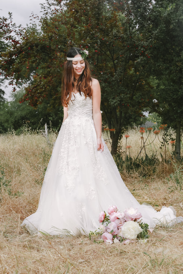 Royal Snowflake - Selena Huan Strapless Blush/Pale Blue Beaded Lace A-line Gown