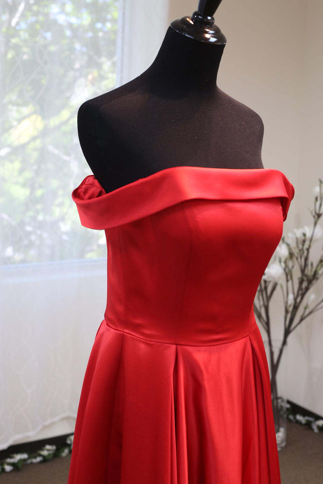 Off-shoulder Ruby Red A-line Japanese Soft Satin Prom Dress with Crystal Beaded Sash colored wedding dress