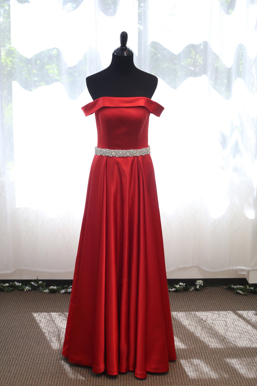 Off-shoulder Ruby Red A-line Japanese Soft Satin Prom Dress with Crystal Beaded Sash colored wedding dress