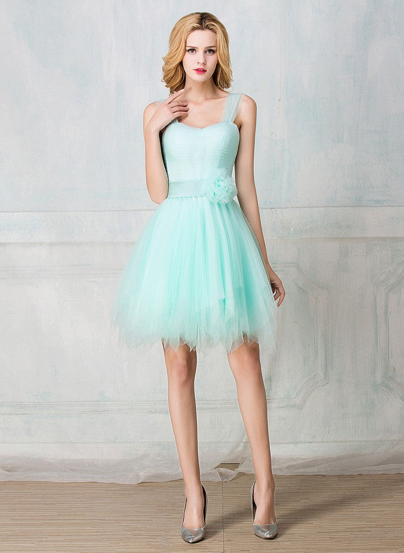 Sweetheart tulle-strap knee-length short prom dress