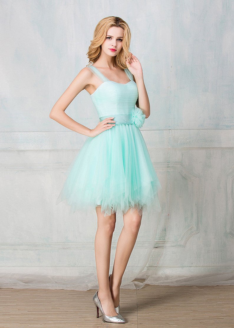 Sweetheart tulle-strap knee-length short prom dress