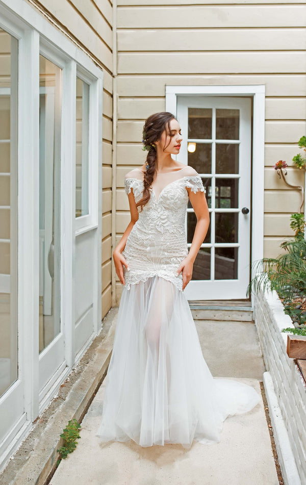 Estela - Selena Huan off-the-shoulder crystal and pearl beaded Israel lace illusive back light mermaid gown